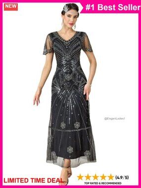 1920s Flapper Sequin Beaded Maxi Dress V-Neck Evening Gown